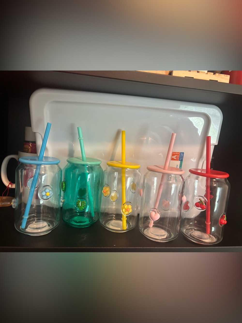 5 Colored Glass Tumbler Set Icon Charms With Lids And Straws